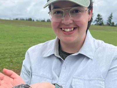 Jenna holding a bank swallow during banding