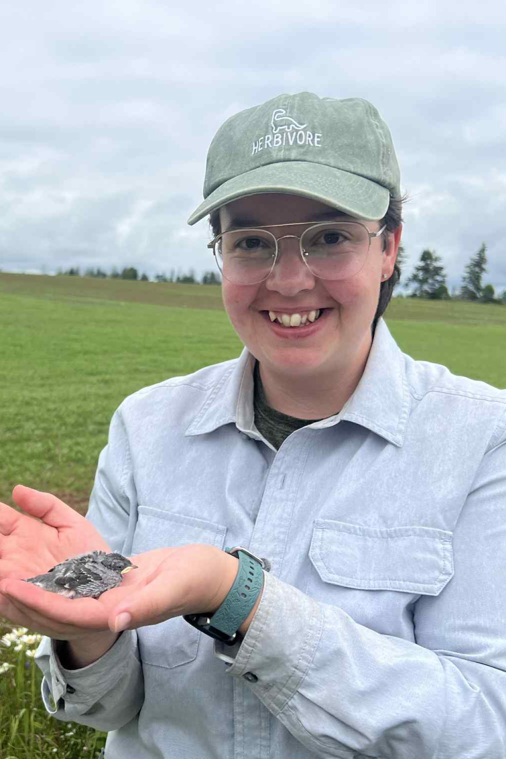 Jenna holding a bank swallow during banding